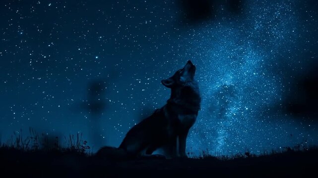 Silhouette of a howling wolf under a starry night sky landscape