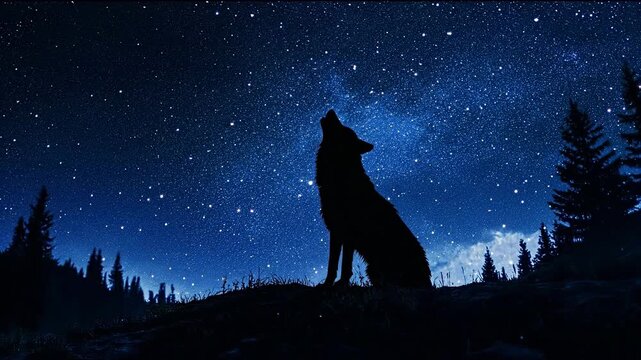 Silhouette of a howling wolf against a starry night sky