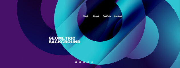 Abstract geometric background features vibrant blue, purple hues. Navigation includes work, about, portfolio, contact options. Modern design.