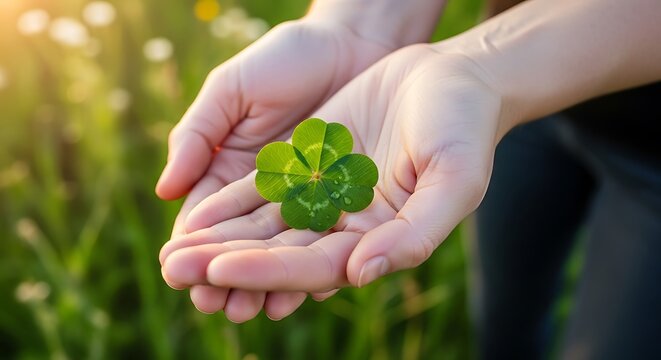 Close up of hands holding a vibrant green four-leaf clover in a sunlit meadow.