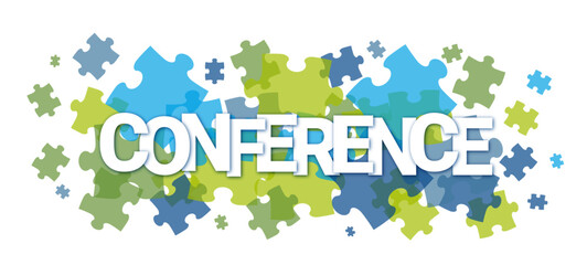 CONFERENCE typography vector banner with multicolored jigsaw puzzle background © Ployker