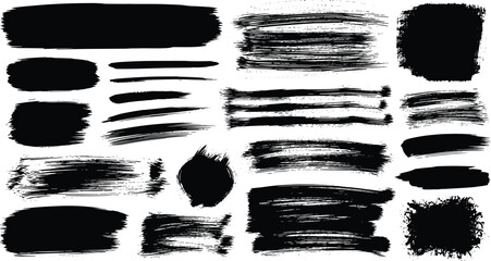 Collection of black paint brush strokes and textures on white background