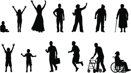 Silhouette vector collection of diverse people in various life stages and activities, representing childhood, adulthood, aging, mobility support, movement, and daily routines