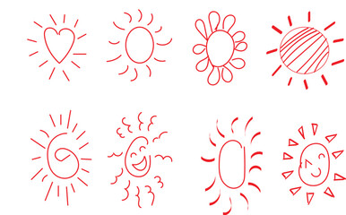  eight hand-drawn, doodle-style sun icons in red vector illustration 