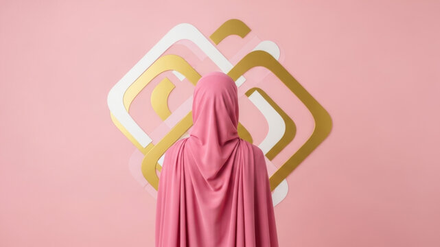 Woman in pink hijab looking at golden and white geometric shapes. Modern islamic fashion and culture concept for Ramadan and Eid Mubarak. - Powered by Adobe