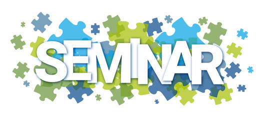 SEMINAR typography vector banner with multicolored jigsaw puzzle background © Ployker