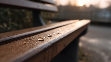 Close up view of glistening water droplets on the weathered wooden slats of a park bench during a peaceful sunrise