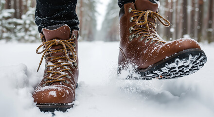 Person in brown winter boots walking through fresh snow in a serene forest, capturing the essence of cold weather outdoor adventure.