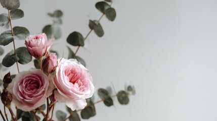 Elegance blooms with pink roses and eucalyptus against a light backdrop.