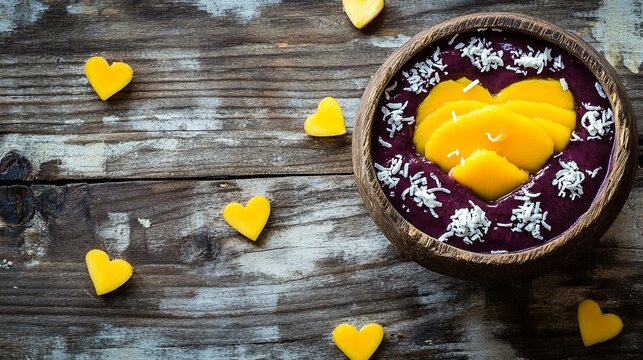 aai bowl with heart-shaped mango and coconut flakes on reclaimed wood .
