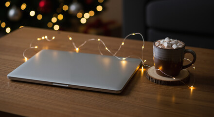 Cozy Christmas work from home scene with laptop, hot chocolate, and festive fairy lights on a wooden table.