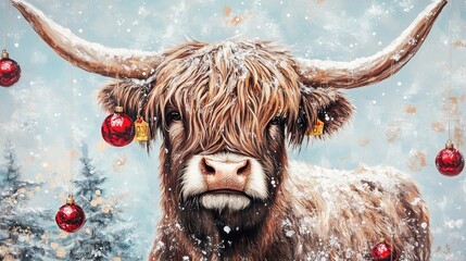 Highland cow with red ornaments on horns and snowy background .