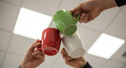 Teamwork and collaboration concept with hands building a tower of colorful coffee mugs, symbolizing unity and support.