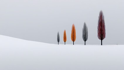Line of stylized trees stand tall against a foggy, snow-covered landscape.