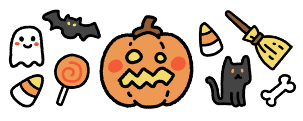 Cute Halloween Sticker Set with Pumpkin, Ghost, Bat, Candy, Black Cat, Bone and Broom – Hand Drawn Cartoon Holiday Illustration 