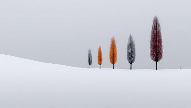 Line of stylized trees stand tall against a foggy, snow-covered landscape. - Powered by Adobe
