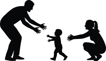 Silhouette vector illustration of parents encouraging toddler to walk, showing family bonding, early childhood learning, support, love, and developmental moments