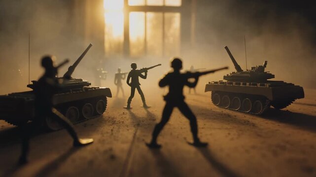 A cinematic battlefield made of toy soldiers and tanks on a dusty wooden floor, 