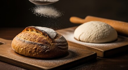 Freshly baked bread dusted with flour on a wooden board, with raw dough and a rolling pin in background, indoors