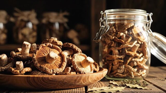 Dried Shiitake Mushrooms and Other Fungi Stored in Glass Jar on Wooden Table.