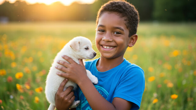 Smiling african american boy holding a white puppy in a sunny field. Children's joy with pet outdoors. Concepts of childhood, friendship, love, nature, and summer. - Powered by Adobe