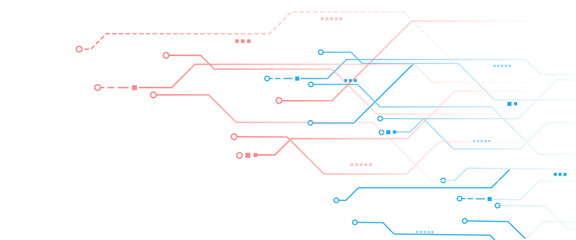 Abstract blue and red color digital technology futuristic circuit board background design. Technology dots lines connect network background