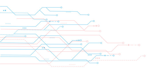 Abstract blue and red color digital technology futuristic circuit board background design. Technology dots lines connect network background