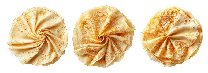 Stack of folded golden crepes arranged in a circular swirl pattern, isolated on white transparent background