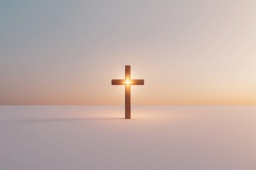 cross on the cross, A wooden cross stands on a flat, reflective surface, illuminated from behind, casting a soft glow. 