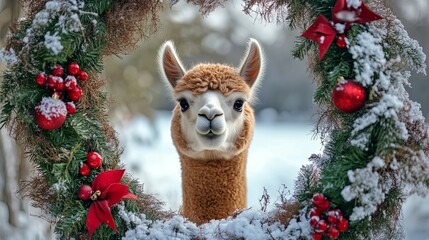 Obraz premium alpaca framed by holiday wreath, snowy field behind .