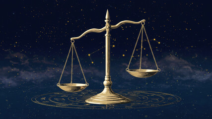 Golden scale of justice with zodiac wheel glowing on a starry night with constellations. Astrology reading concept for predicting future with fate and destiny.