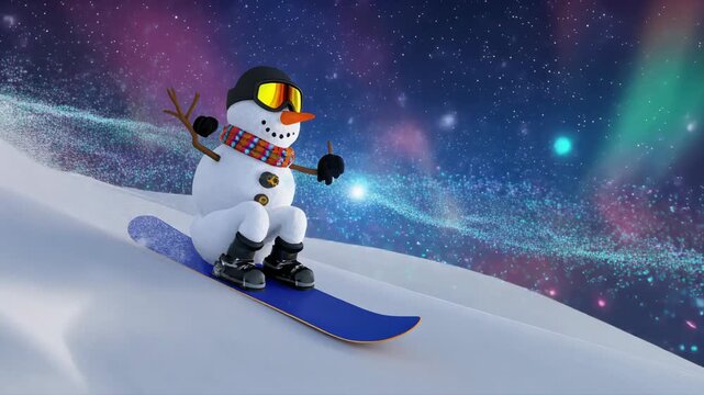 3D snowman on a snowboard, action shot, frozen motion particles, vibrant winter sky