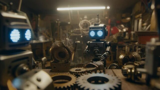 A cinematic view inside a cluttered workshop where small toy robots come alive,