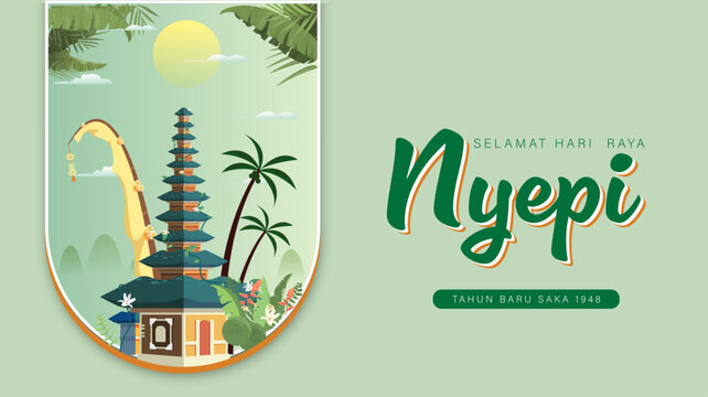 Nyepi Day Illustration Featuring Balinese Temple Under Moon and Clouds with Decorative Frame for Hindu Day of Silence