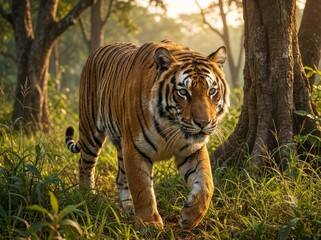 Fototapeta premium A magnificent wild tiger (Panthera tigris) with striking orange and black stripes confidently walks through sunlit green undergrowth in a dense jungle, 