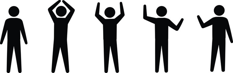 Five Black Stick Figure Icons Showing Different Hand Gestures and Poses on White Background person human