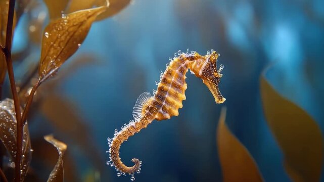 An orange seahorse swimming underwater beside brown seaweed.