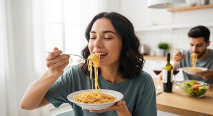 Woman eating spaghetti with closed eyes and smiling while sitting at dining table in a modern kitchen with a man in background