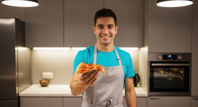 Young smiling man in an apron holding out a slice of pepperoni pizza in a modern kitchen - Powered by Adobe