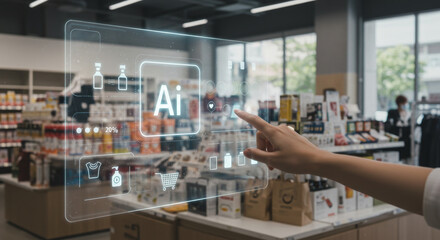Woman hand interacting with augmented reality interface displaying AI logo and shopping icons in a store. Future retail technology concept for enhanced customer experience.
