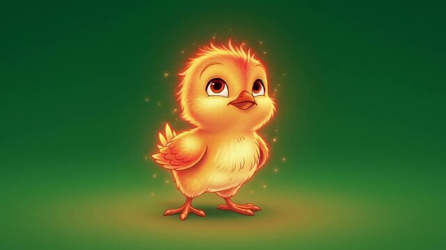 Cute little yellow baby chick cartoon illustration with green nature background