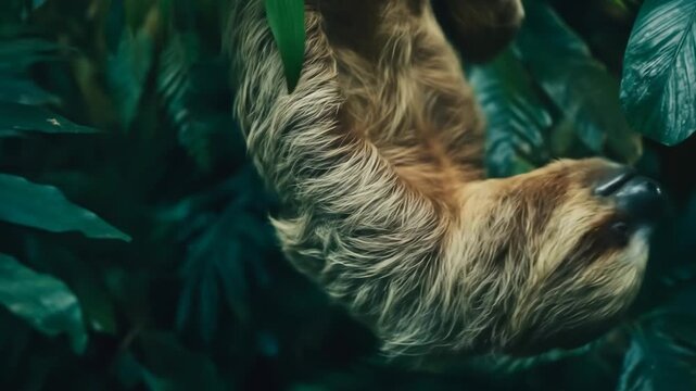 Sloth hanging upside down amidst greenery dense vegetation