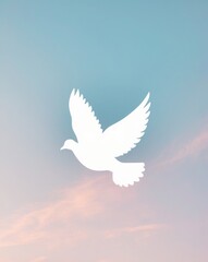 Obraz premium white dove flying in the sky, A white dove silhouette is set against a pastel gradient background. 