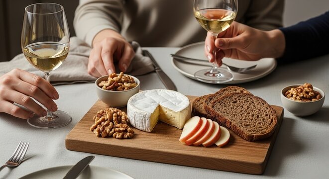 Two people enjoying white wine and a cheese board with bread, walnuts, apple slices at a table indoors - Powered by Adobe