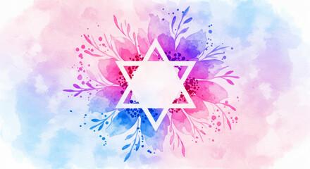 Star of David symbol with watercolor floral and splash background. Hanukkah greeting card design. Modern festive artwork for Jewish holiday.