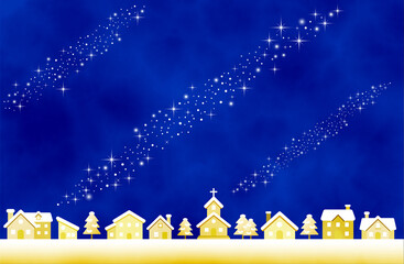 星がきらめく青い夜空とクリスマスの街並みシルエット