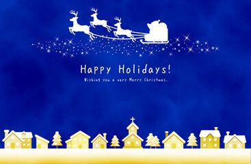 青い夜空に舞うサンタクロースのソリと冬の村の幻想的背景