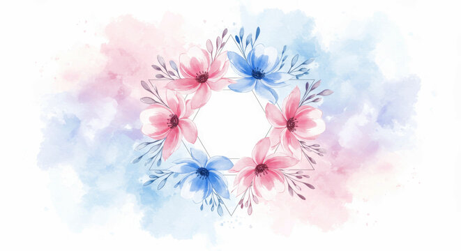 Watercolor floral frame with pink and blue flowers and geometric line art over an abstract pastel background for wedding invitation or greeting card. - Powered by Adobe