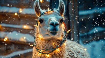 Fototapeta premium A llama with fairy lights tangled in its fur, smiling joyfully in the snow. .