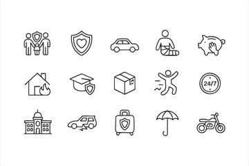 Fototapeta premium Insurance protection line icons for family, auto, home, health, and savings coverage